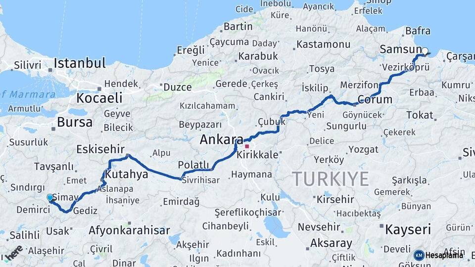 Kütahya Simav Samsun Arası Kaç Km - Yol Haritası