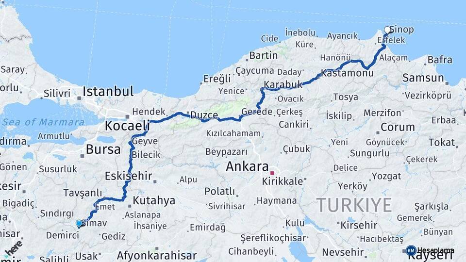 Kütahya Simav Sinop Arası Kaç Km - Yol Haritası