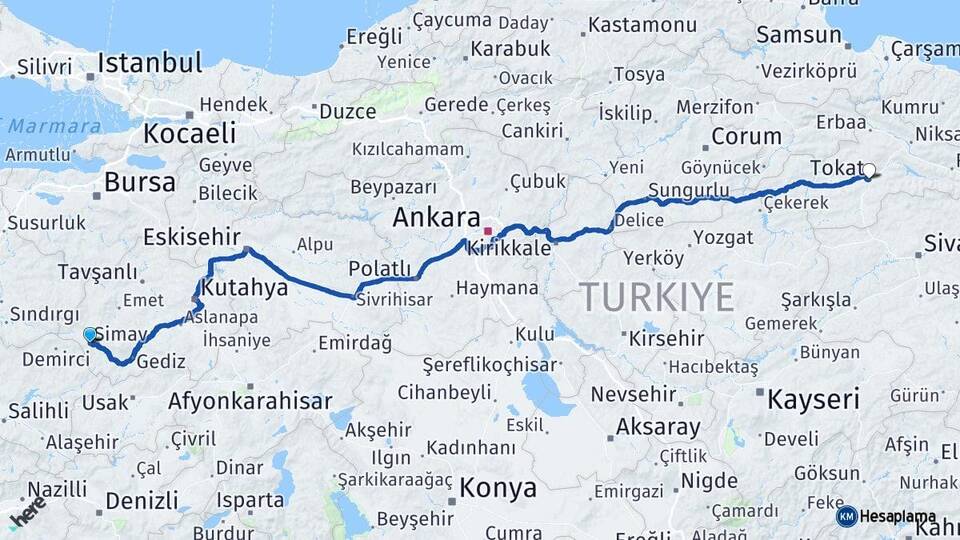 Kütahya Simav Tokat Arası Kaç Km - Yol Haritası