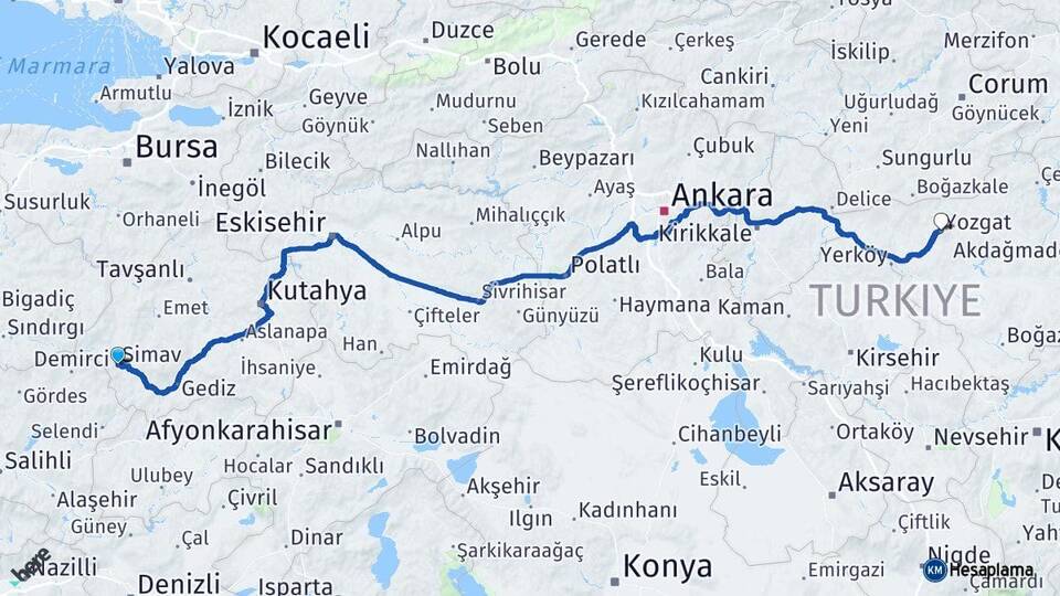 Kütahya Simav Yozgat Arası Kaç Km - Yol Haritası