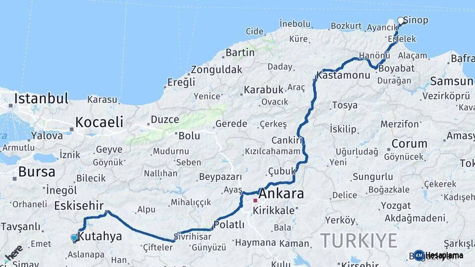 Kütahya Sinop Arası Kaç Km - Yol Haritası