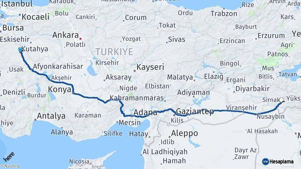 Kütahya Şırnak Arası Kaç Km - Yol Haritası