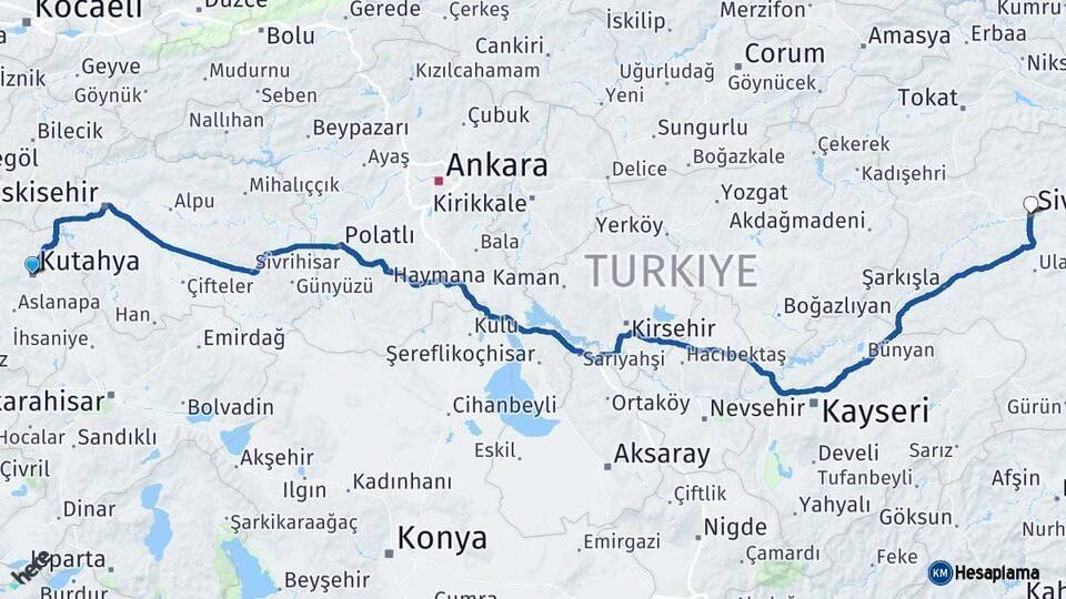Kütahya Sivas Arası Kaç Km - Yol Haritası