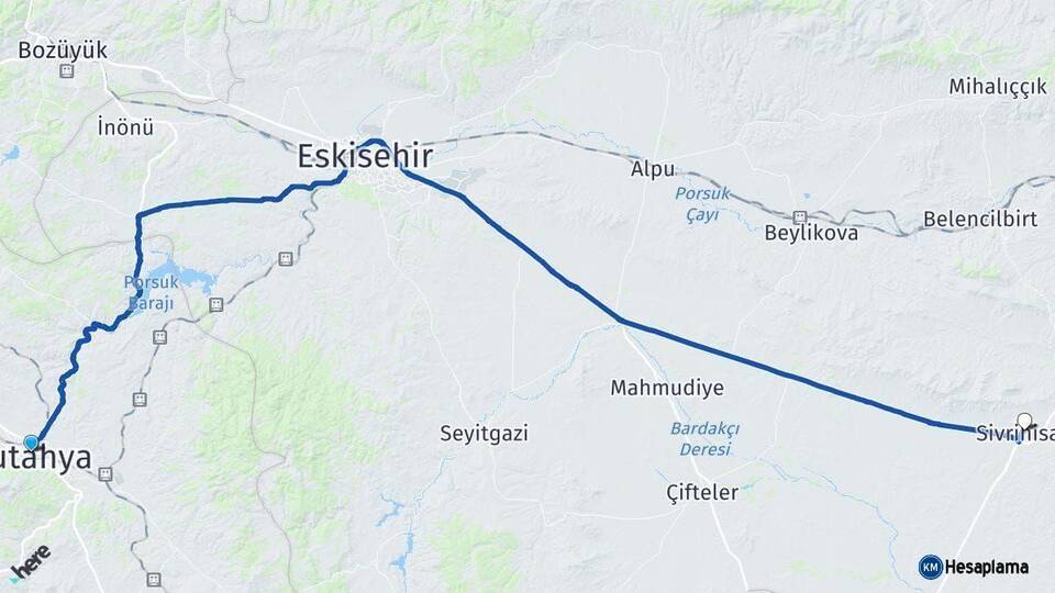 Kütahya Sivrihisar Eskişehir Arası Kaç Km - Yol Haritası