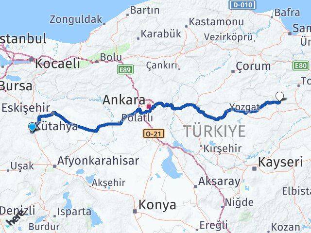 Kütahya Sulusaray Tokat Arası Kaç Km - Yol Haritası
