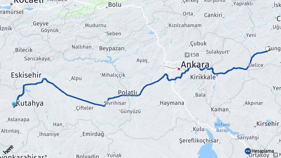 Kütahya Sungurlu Çorum Arası Kaç Km - Yol Haritası
