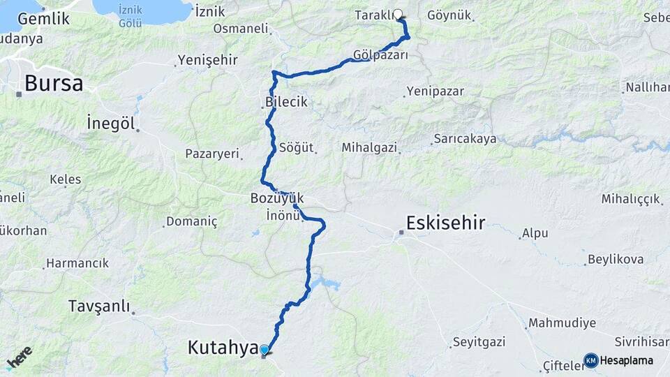 Kütahya Taraklı Sakarya Arası Kaç Km - Yol Haritası