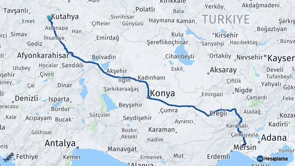 Kütahya Tarsus Mersin Arası Kaç Km - Yol Haritası