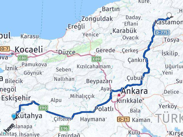 Kütahya Taşköprü Kastamonu Arası Kaç Km - Yol Haritası