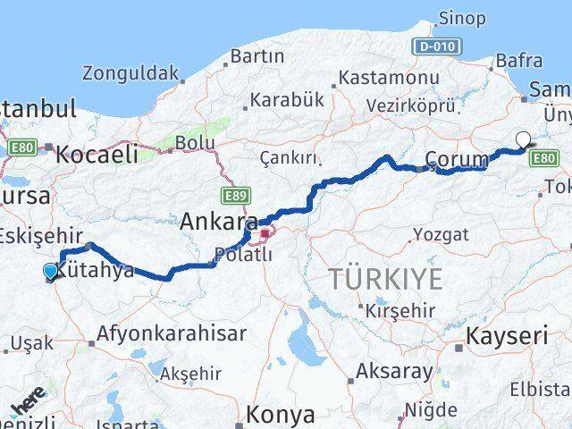 Kütahya Taşova Amasya Arası Kaç Km - Yol Haritası