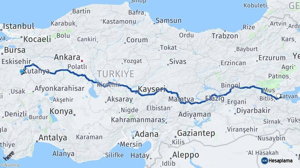 Kütahya Tatvan Bitlis Arası Kaç Km - Yol Haritası