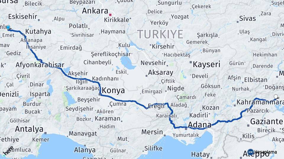 Kütahya Tavşanlı Adıyaman Arası Kaç Km - Yol Haritası