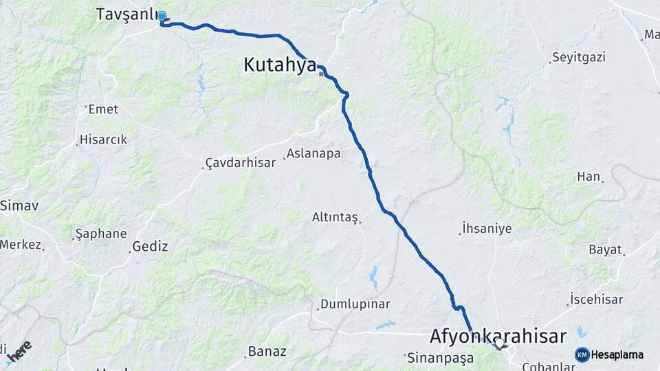 Kütahya Tavşanlı Afyonkarahisar Arası Kaç Km - Yol Haritası