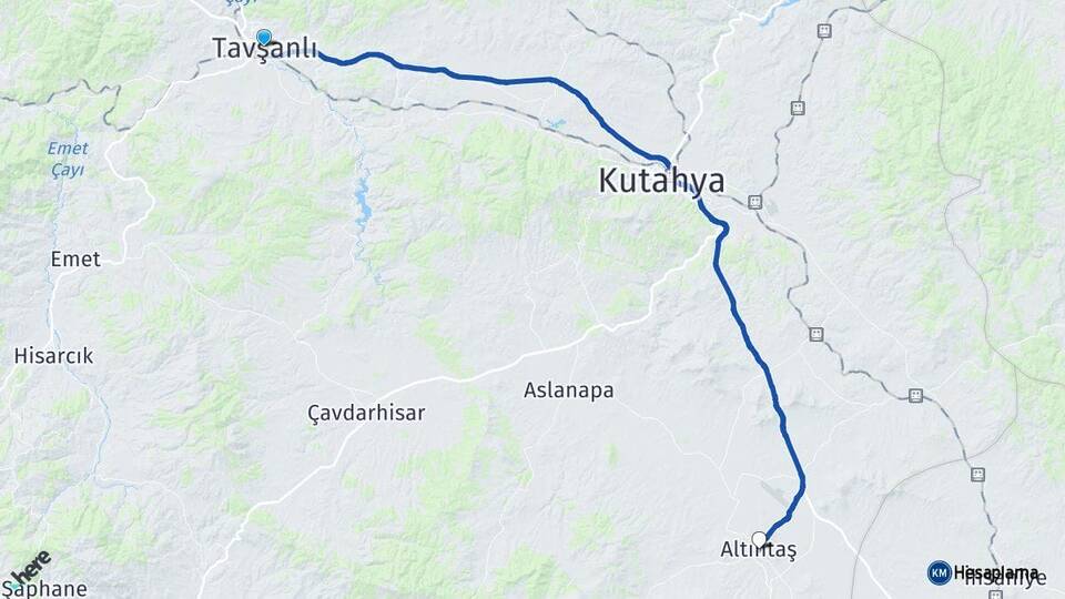 Kütahya Tavşanlı Altıntaş Arası Kaç Km - Yol Haritası