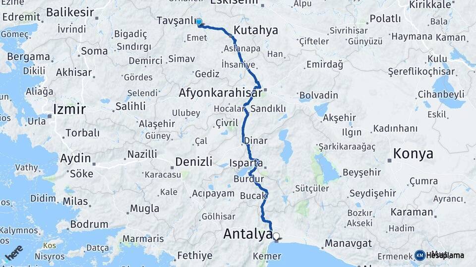 Kütahya Tavşanlı Antalya Arası Kaç Km - Yol Haritası