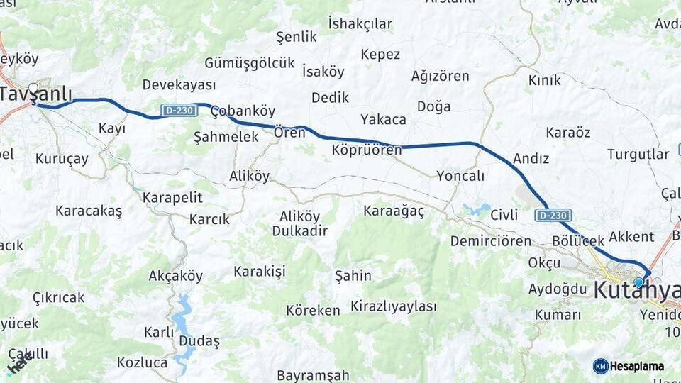 Kütahya Tavşanlı Arası Kaç Km - Yol Haritası