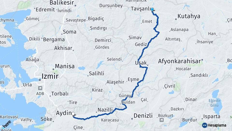 Kütahya Tavşanlı Aydın Arası Kaç Km - Yol Haritası