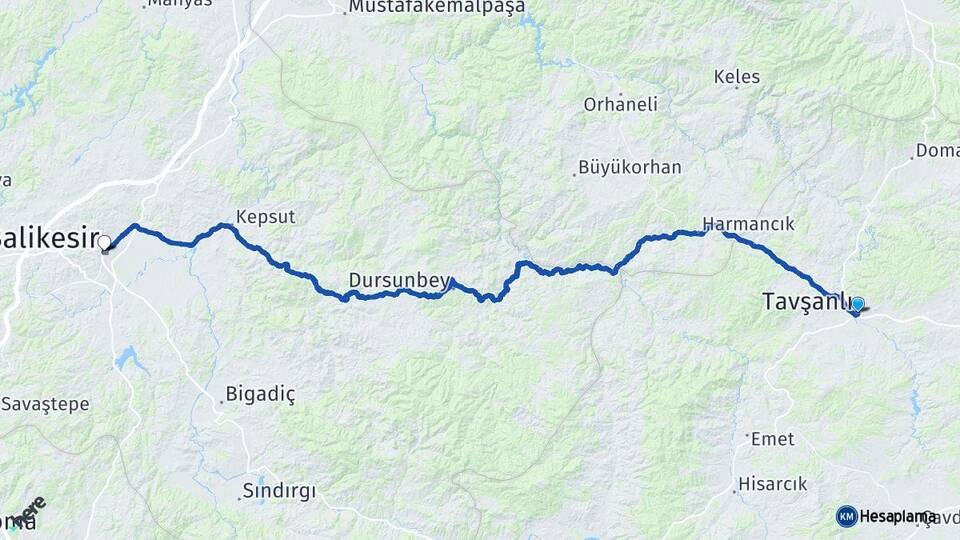 Kütahya Tavşanlı Balıkesir Arası Kaç Km - Yol Haritası