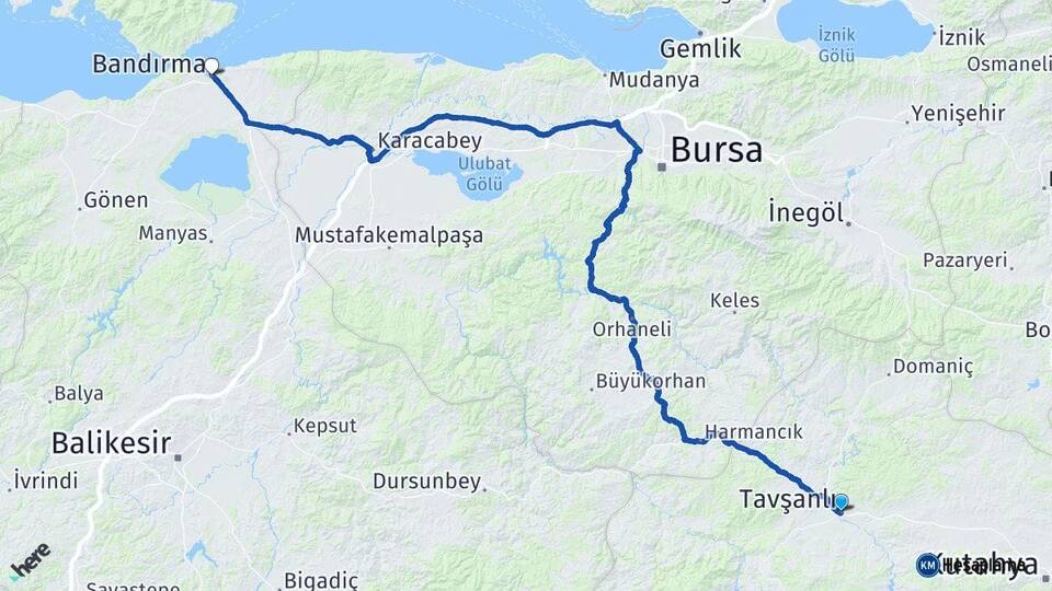 Kütahya Tavşanlı Bandırma Balıkesir Arası Kaç Km - Yol Haritası