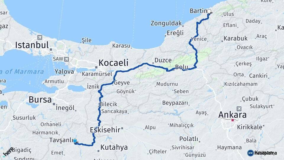 Kütahya Tavşanlı Bartın Arası Kaç Km - Yol Haritası