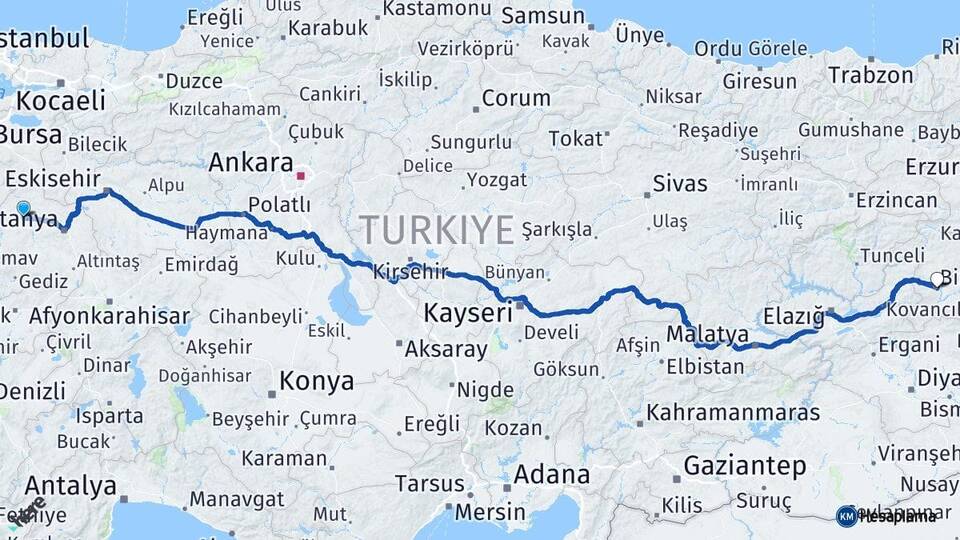 Kütahya Tavşanlı Bingöl Arası Kaç Km - Yol Haritası