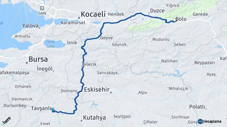 Kütahya Tavşanlı Bolu Arası Kaç Km - Yol Haritası