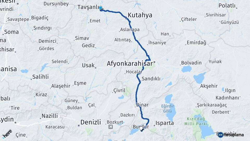 Kütahya Tavşanlı Burdur Arası Kaç Km - Yol Haritası