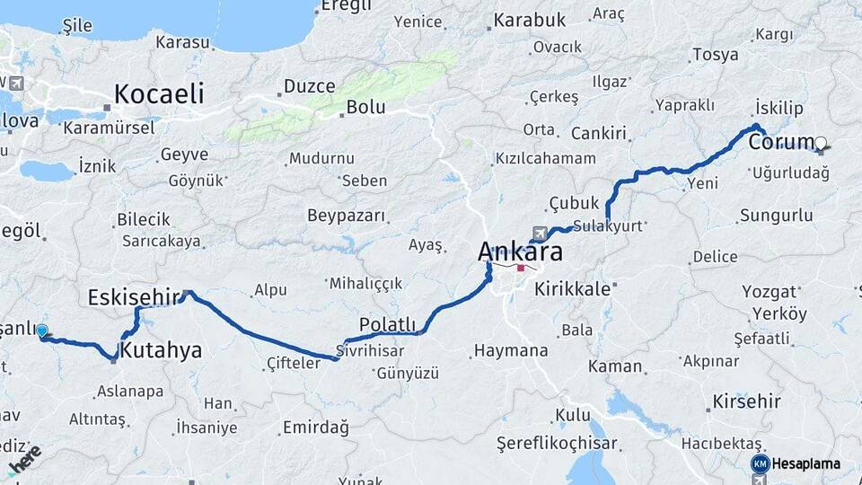Kütahya Tavşanlı Çorum Arası Kaç Km - Yol Haritası