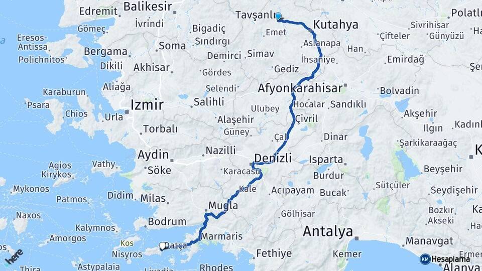 Kütahya Tavşanlı Datça Muğla Arası Kaç Km - Yol Haritası