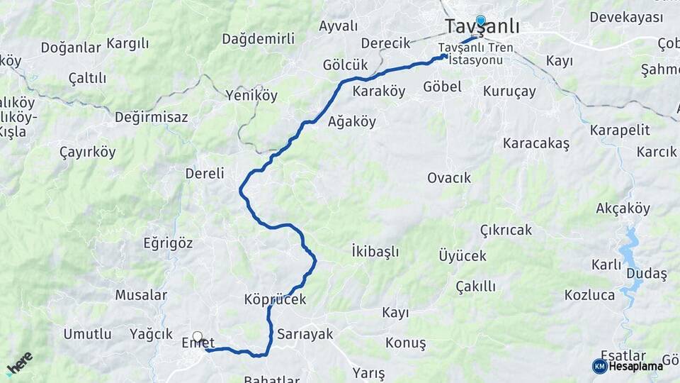 Kütahya Tavşanlı Emet Arası Kaç Km - Yol Haritası