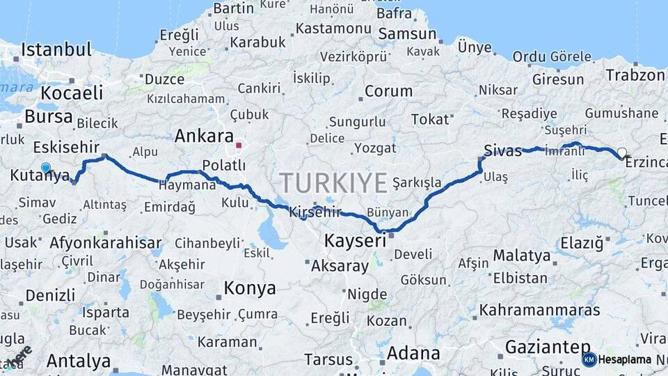 Kütahya Tavşanlı Erzincan Arası Kaç Km - Yol Haritası