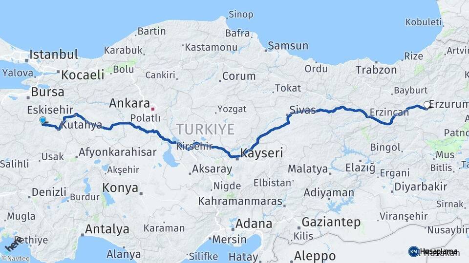 Kütahya Tavşanlı Erzurum Arası Kaç Km - Yol Haritası