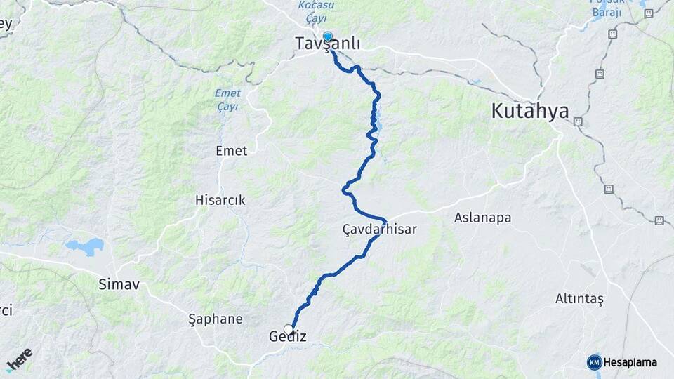 Kütahya Tavşanlı Gediz Arası Kaç Km - Yol Haritası