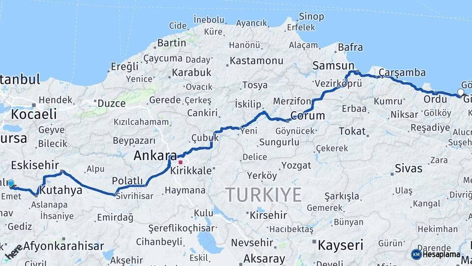 Kütahya Tavşanlı Giresun Arası Kaç Km - Yol Haritası