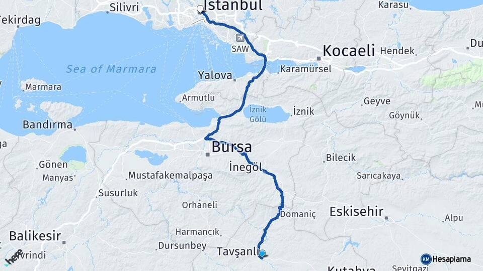 Kütahya Tavşanlı İstanbul Arası Kaç Km - Yol Haritası