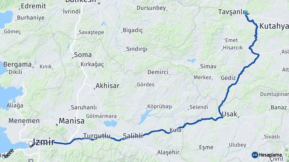 Kütahya Tavşanlı İzmir Arası Kaç Km - Yol Haritası