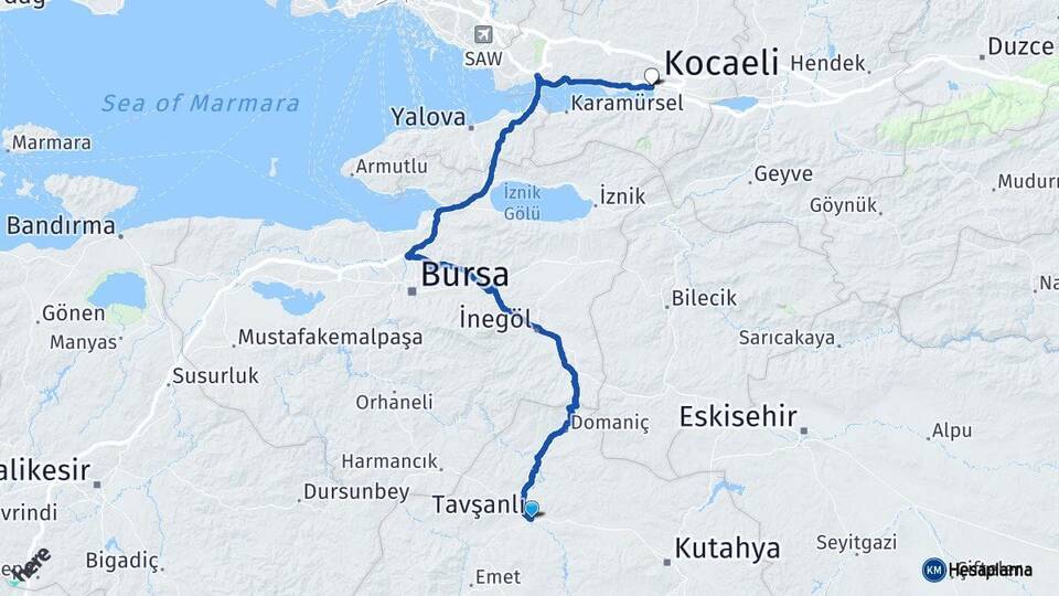 Kütahya Tavşanlı İzmit Kocaeli Arası Kaç Km - Yol Haritası
