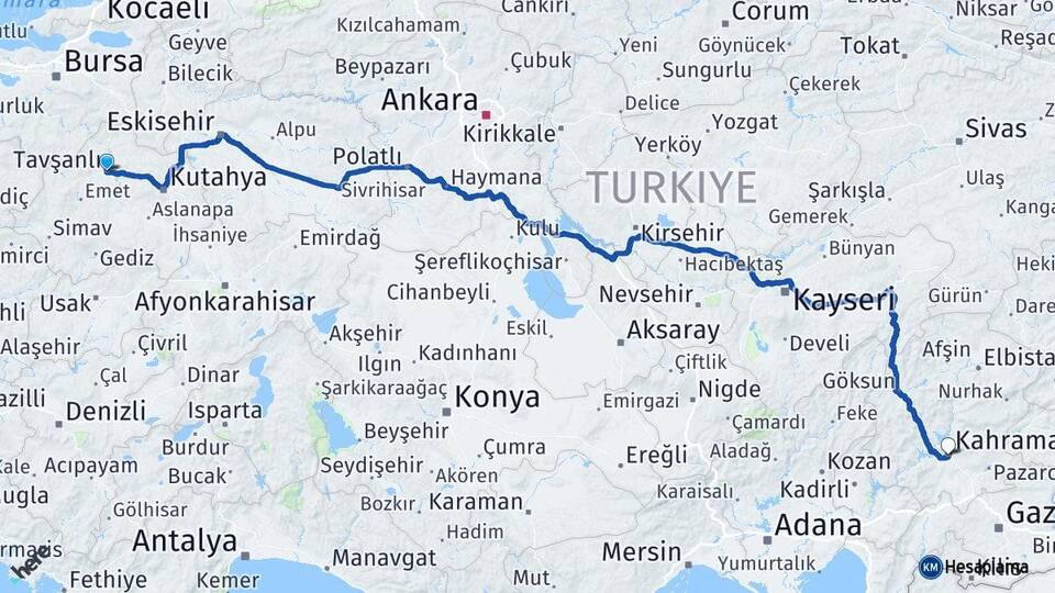 Kütahya Tavşanlı Kahramanmaraş Arası Kaç Km - Yol Haritası