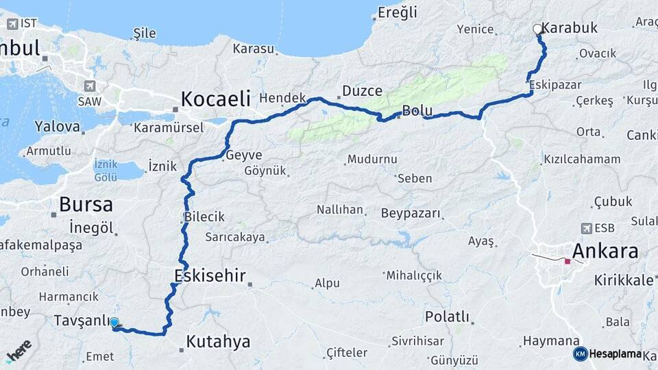 Kütahya Tavşanlı Karabük Arası Kaç Km - Yol Haritası