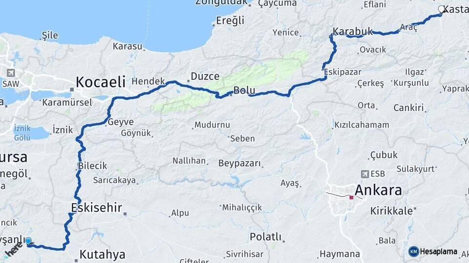 Kütahya Tavşanlı Kastamonu Arası Kaç Km - Yol Haritası
