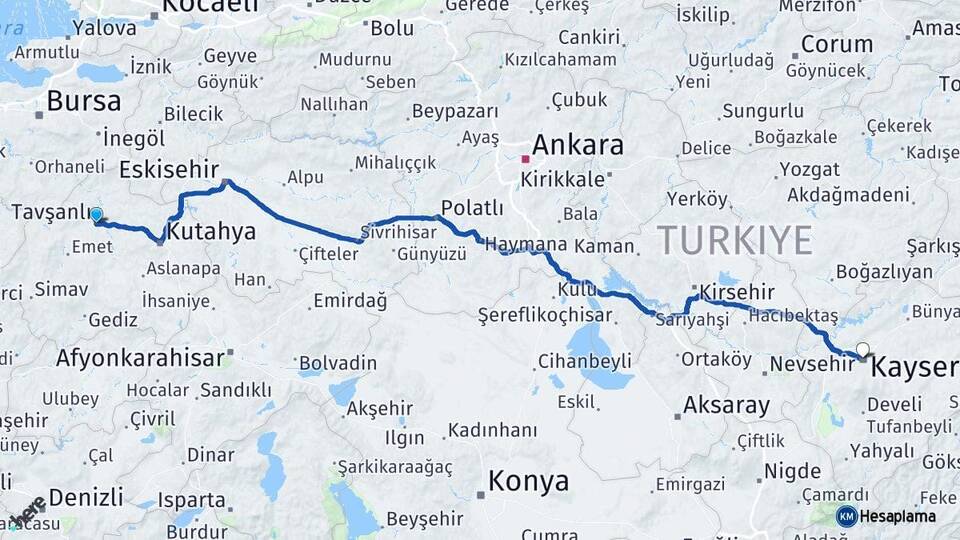 Kütahya Tavşanlı Kayseri Arası Kaç Km - Yol Haritası