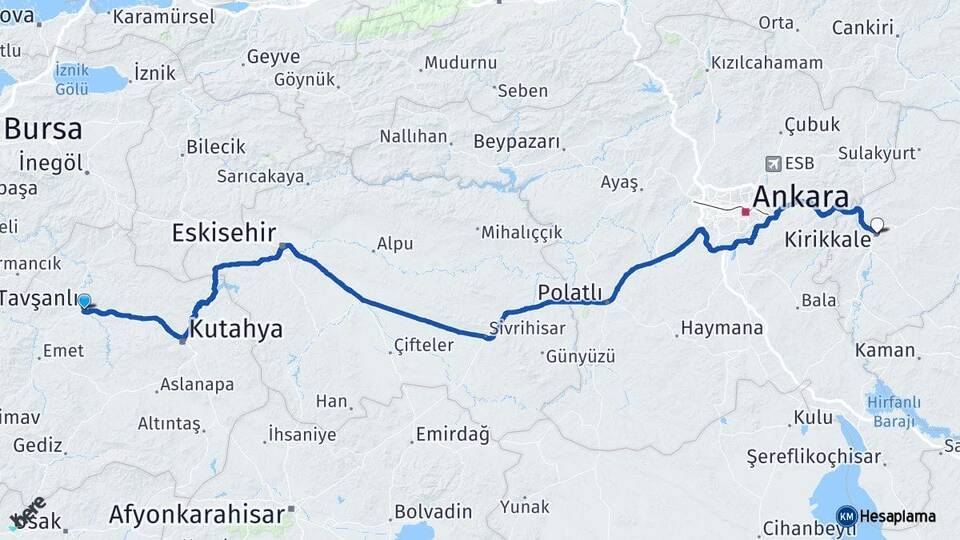 Kütahya Tavşanlı Kırıkkale Arası Kaç Km - Yol Haritası