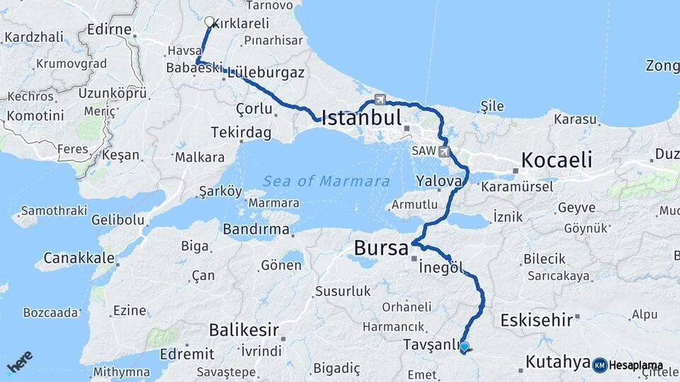 Kütahya Tavşanlı Kırklareli Arası Kaç Km - Yol Haritası