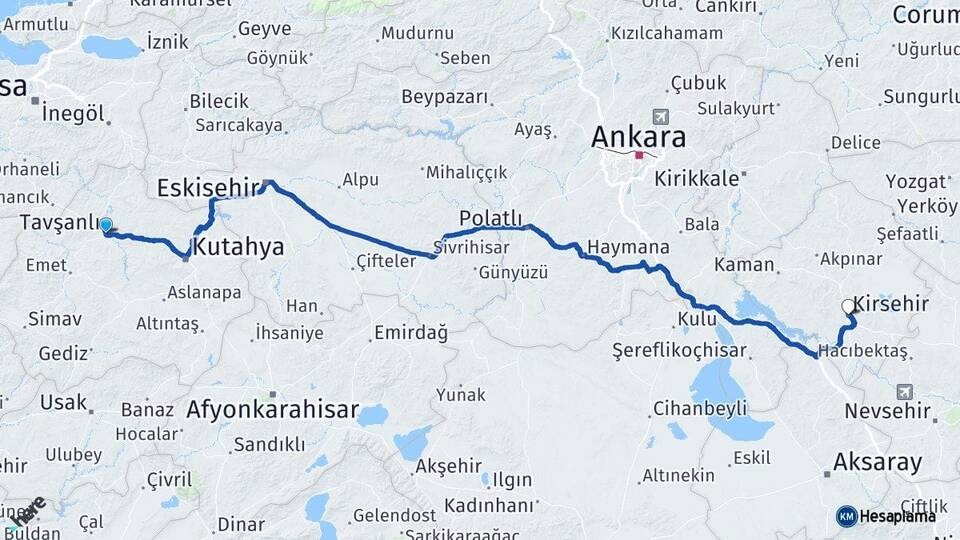 Kütahya Tavşanlı Kırşehir Arası Kaç Km - Yol Haritası