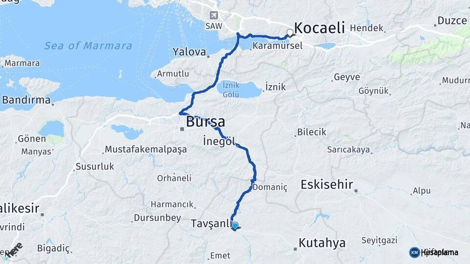 Kütahya Tavşanlı Kocaeli Arası Kaç Km - Yol Haritası