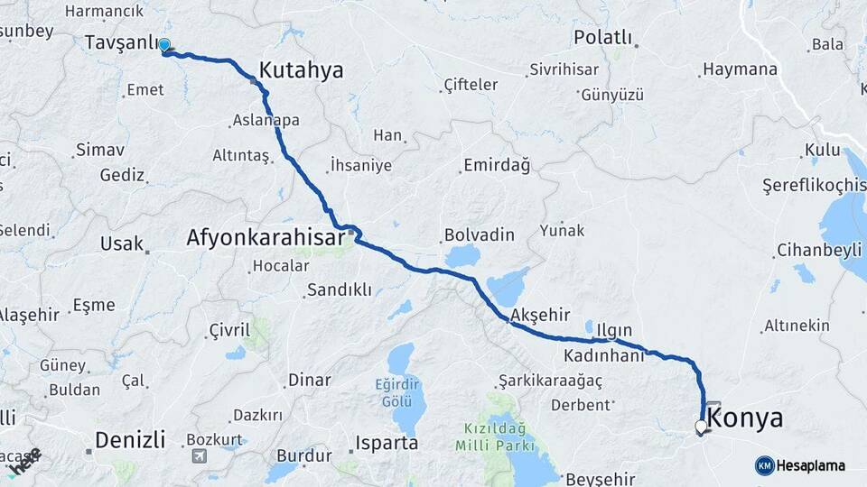 Kütahya Tavşanlı Konya Arası Kaç Km - Yol Haritası