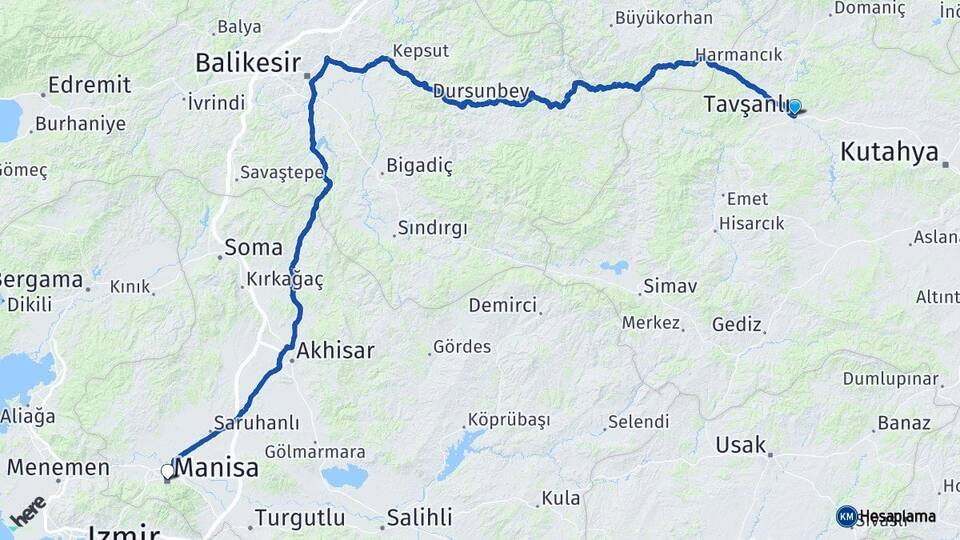 Kütahya Tavşanlı Manisa Arası Kaç Km - Yol Haritası