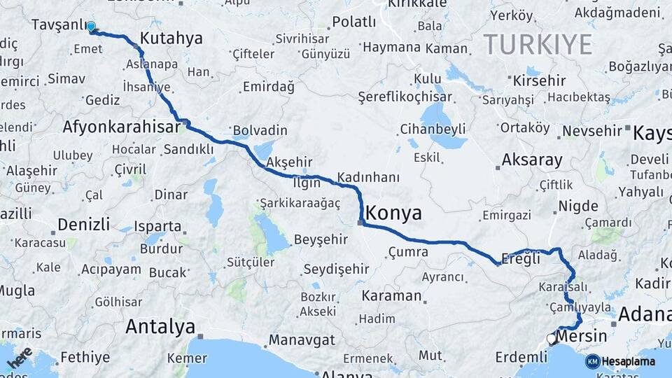 Kütahya Tavşanlı Mersin Arası Kaç Km - Yol Haritası
