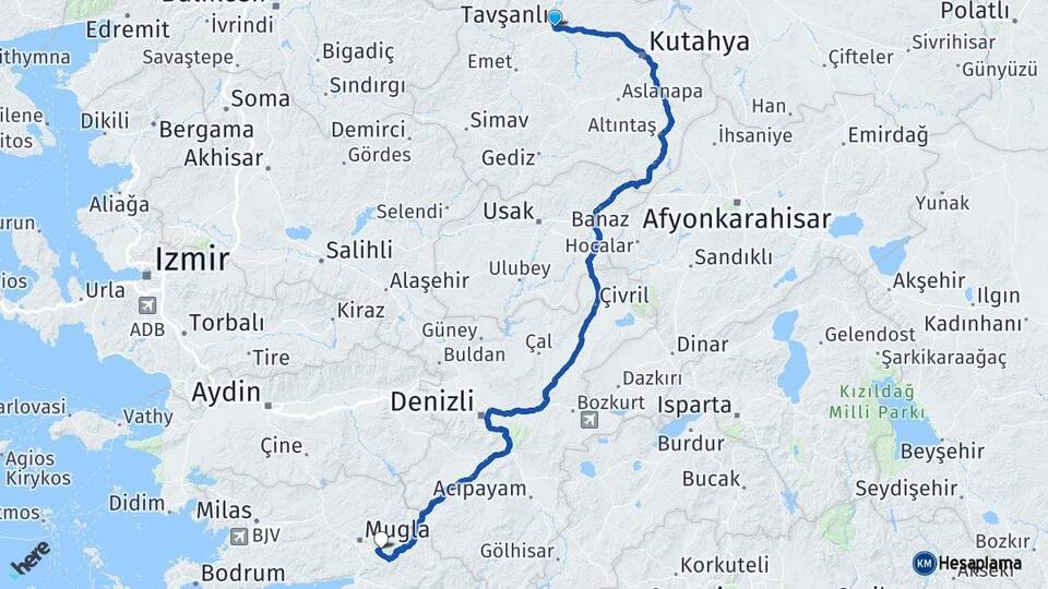Kütahya Tavşanlı Muğla Arası Kaç Km - Yol Haritası