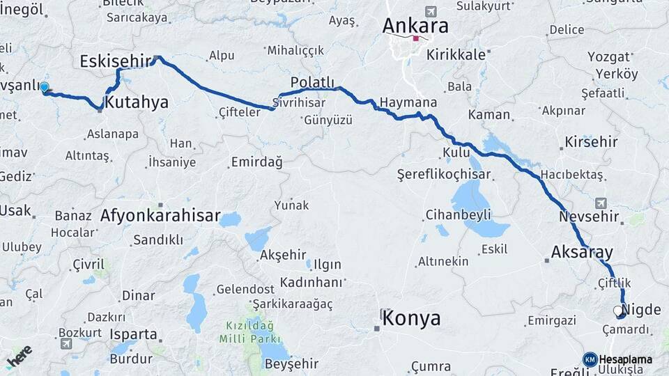 Kütahya Tavşanlı Niğde Arası Kaç Km - Yol Haritası
